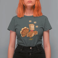 Funny Thanksgiving Christmas Triple Ho Santa Turkey T Shirt For Women - Wonder Print Shop