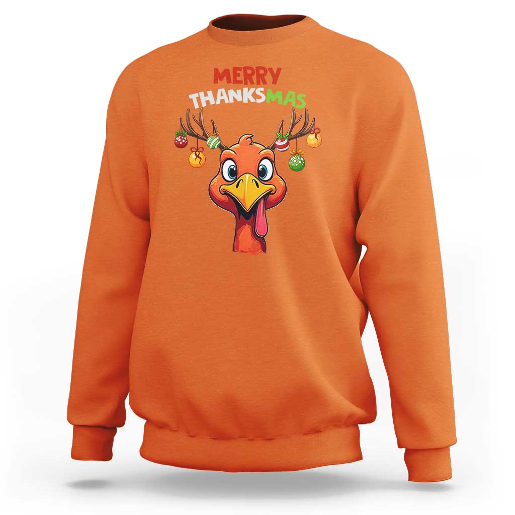 Funny Christmas Thanksgiving Sweatshirt Merry Thanksmas Turkey Reindeer Antler Baubles - Wonder Print Shop