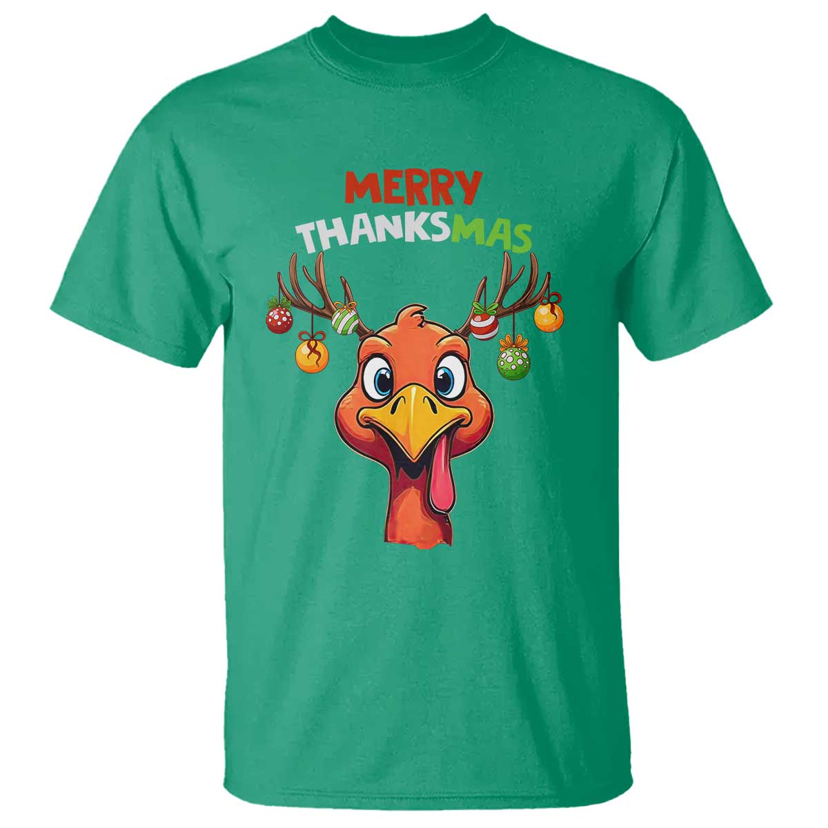 Funny Christmas Thanksgiving T Shirt Merry Thanksmas Turkey Reindeer Antler Baubles - Wonder Print Shop