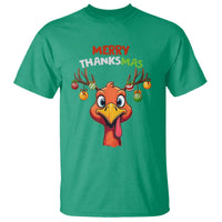 Funny Christmas Thanksgiving T Shirt Merry Thanksmas Turkey Reindeer Antler Baubles - Wonder Print Shop