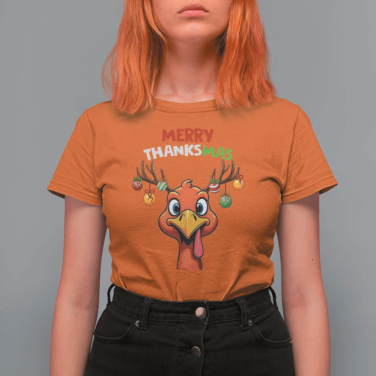 Funny Christmas Thanksgiving T Shirt For Women Merry Thanksmas Turkey Reindeer Antler Baubles - Wonder Print Shop