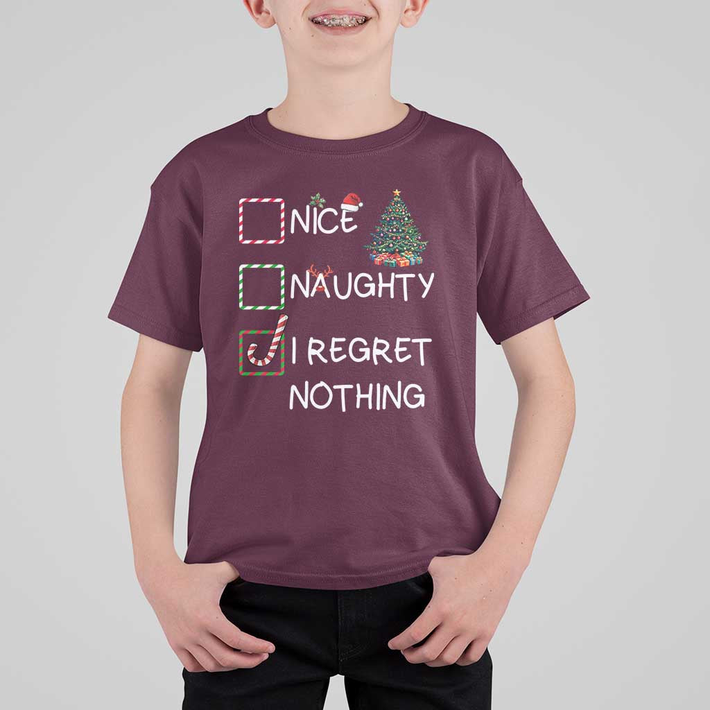 Funny Nice Naughty And I Regret Nothing Christmas List T Shirt For Kid Christmas Tree Candy Cane - Wonder Print Shop