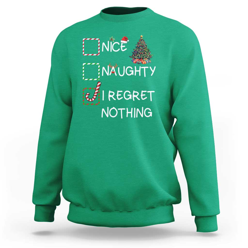 Funny Nice Naughty And I Regret Nothing Christmas List Sweatshirt Christmas Tree Candy Cane - Wonder Print Shop