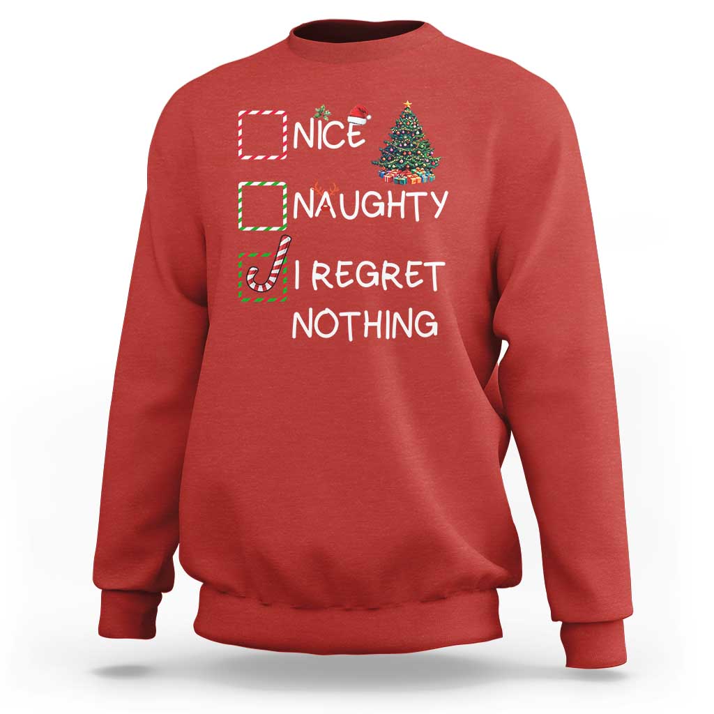 Funny Nice Naughty And I Regret Nothing Christmas List Sweatshirt Christmas Tree Candy Cane - Wonder Print Shop