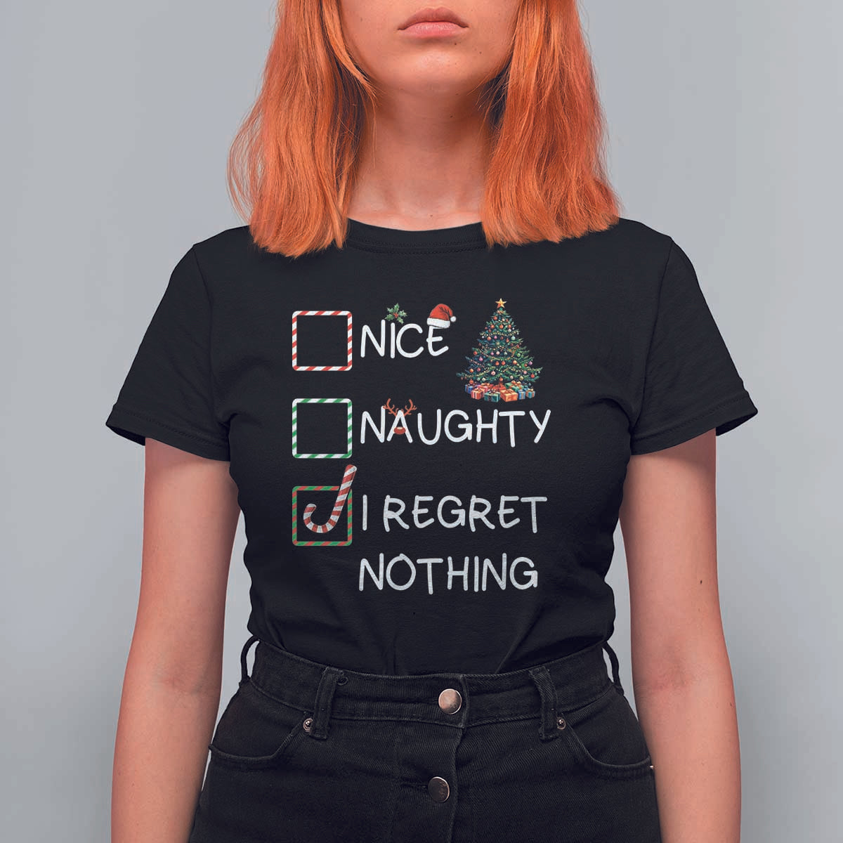 Funny Nice Naughty And I Regret Nothing Christmas List T Shirt For Women Christmas Tree Candy Cane - Wonder Print Shop