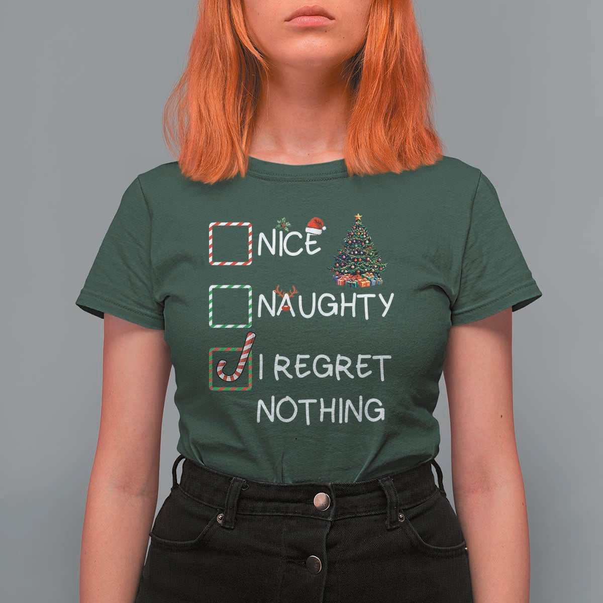 Funny Nice Naughty And I Regret Nothing Christmas List T Shirt For Women Christmas Tree Candy Cane - Wonder Print Shop