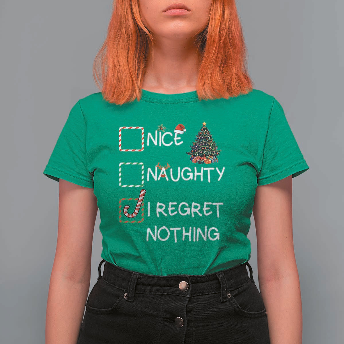 Funny Nice Naughty And I Regret Nothing Christmas List T Shirt For Women Christmas Tree Candy Cane - Wonder Print Shop