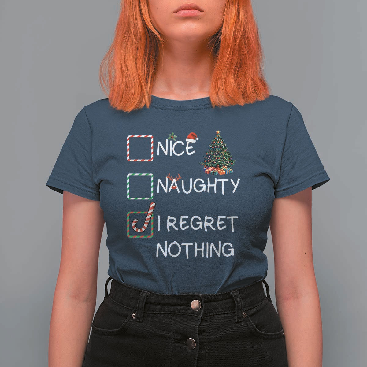 Funny Nice Naughty And I Regret Nothing Christmas List T Shirt For Women Christmas Tree Candy Cane - Wonder Print Shop