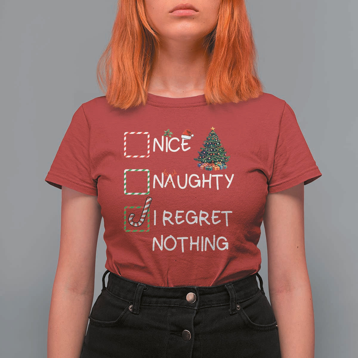 Funny Nice Naughty And I Regret Nothing Christmas List T Shirt For Women Christmas Tree Candy Cane - Wonder Print Shop
