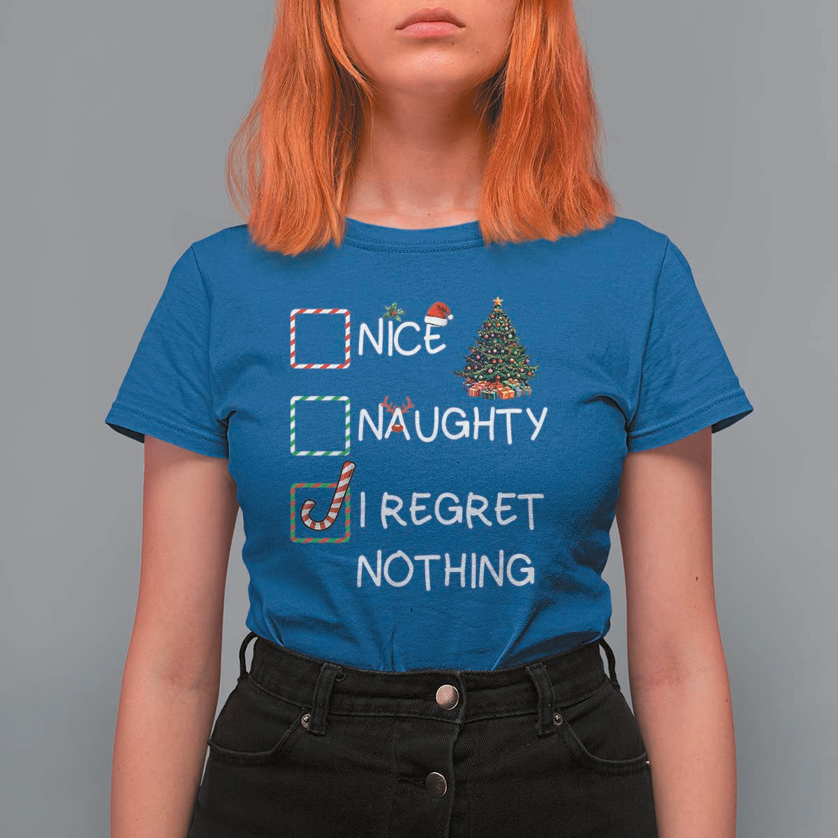 Funny Nice Naughty And I Regret Nothing Christmas List T Shirt For Women Christmas Tree Candy Cane - Wonder Print Shop