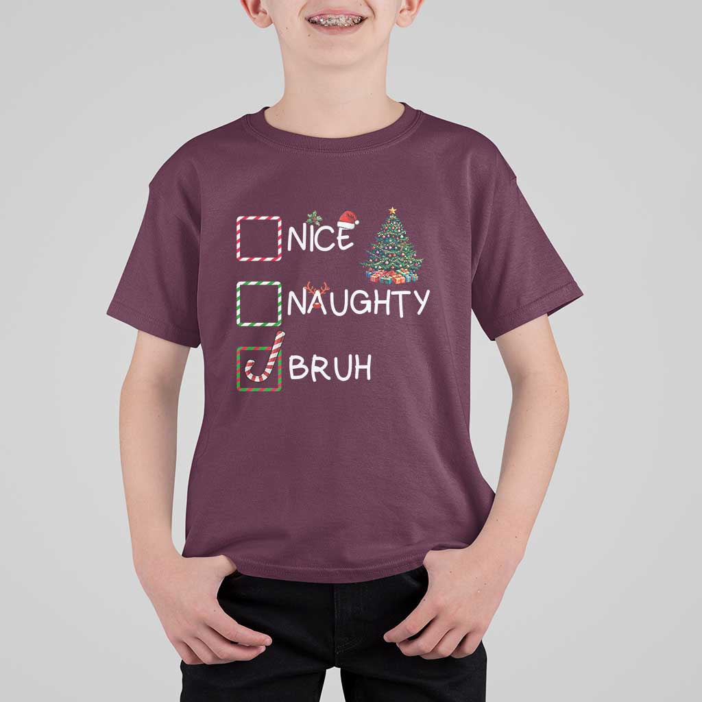 Funny Nice Naughty Bruh T Shirt For Kid Christmas Tree Candy Cane - Wonder Print Shop