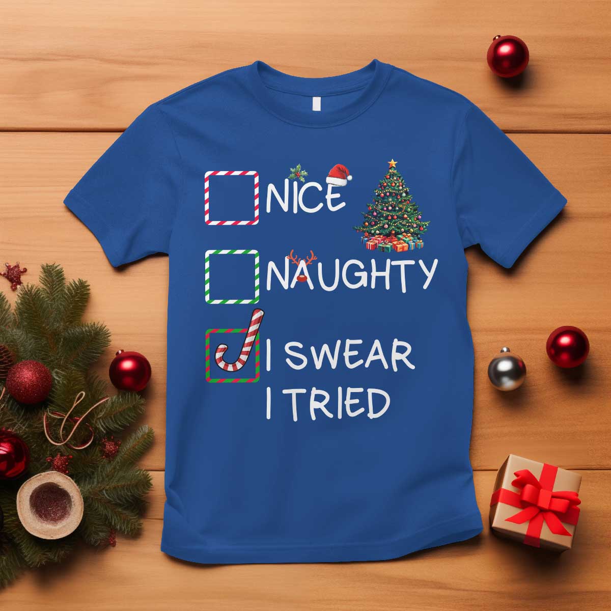 Funny Nice Naughty I Swear I Tried T Shirt Christmas Tree Candy Cane - Wonder Print Shop