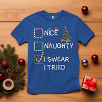 Funny Nice Naughty I Swear I Tried T Shirt Christmas Tree Candy Cane - Wonder Print Shop