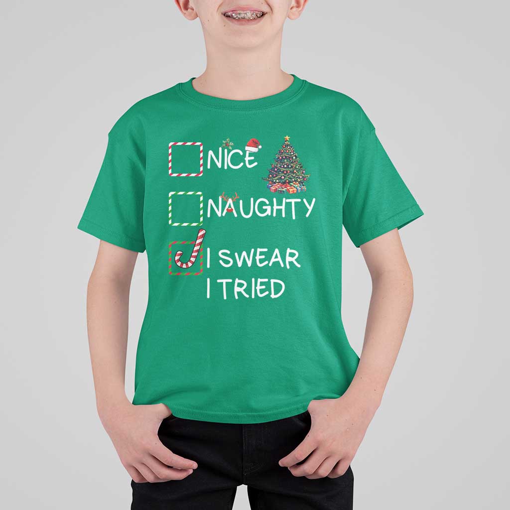 Funny Nice Naughty I Swear I Tried T Shirt For Kid Christmas Tree Candy Cane - Wonder Print Shop