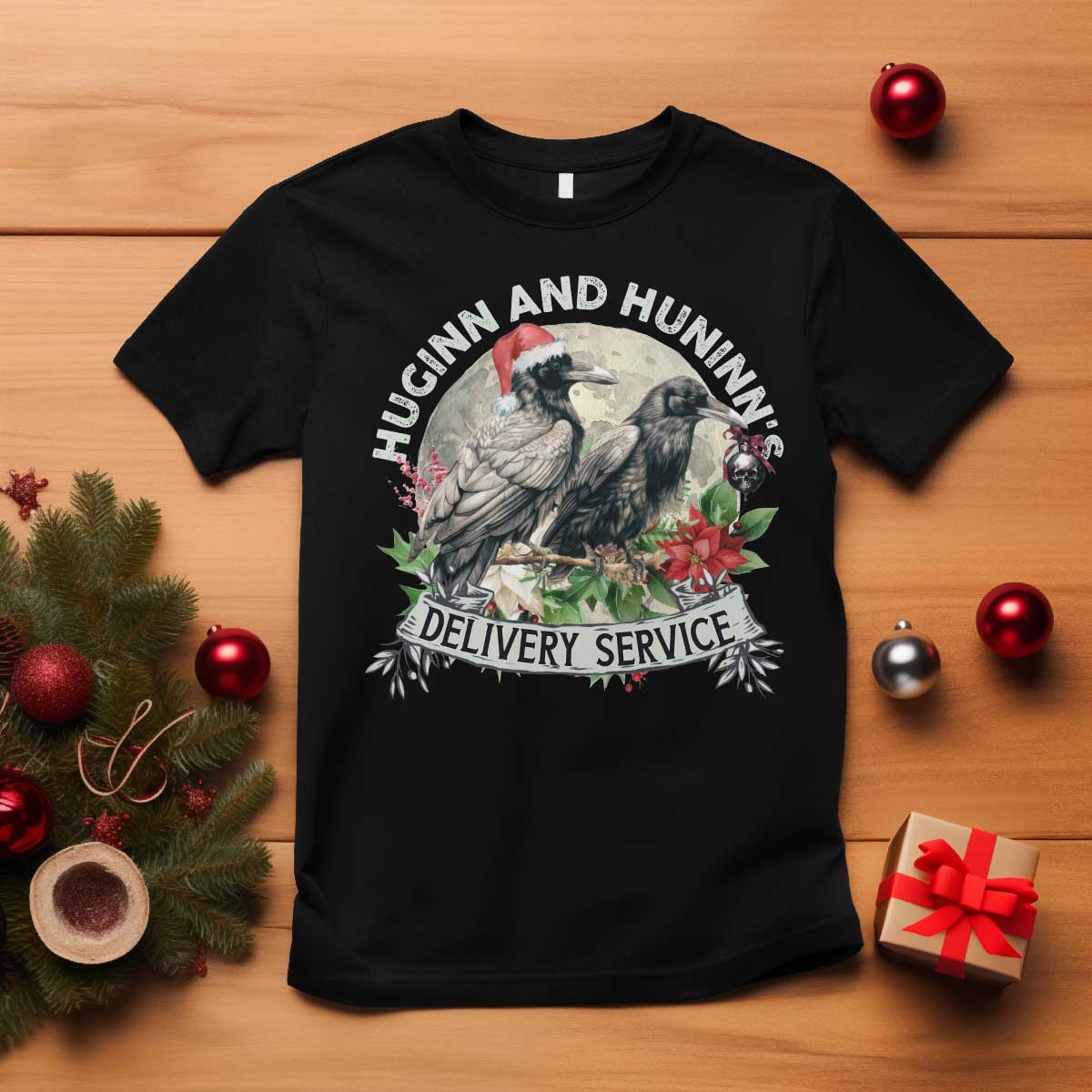 Christmas Viking T Shirt Huginn And Hunninn's Delivery Service Raven - Wonder Print Shop