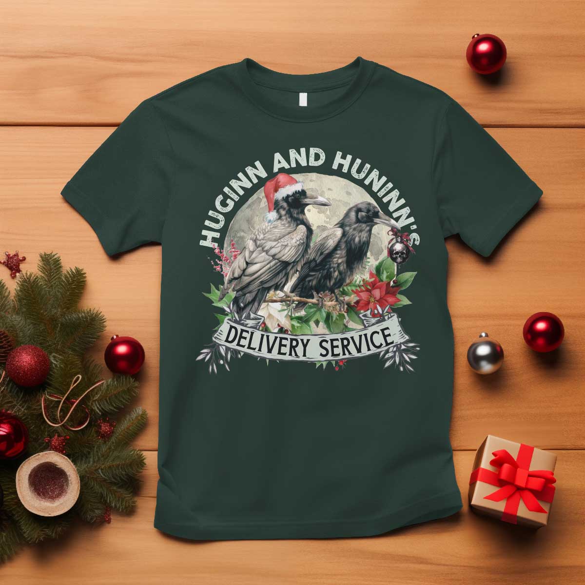 Christmas Viking T Shirt Huginn And Hunninn's Delivery Service Raven - Wonder Print Shop