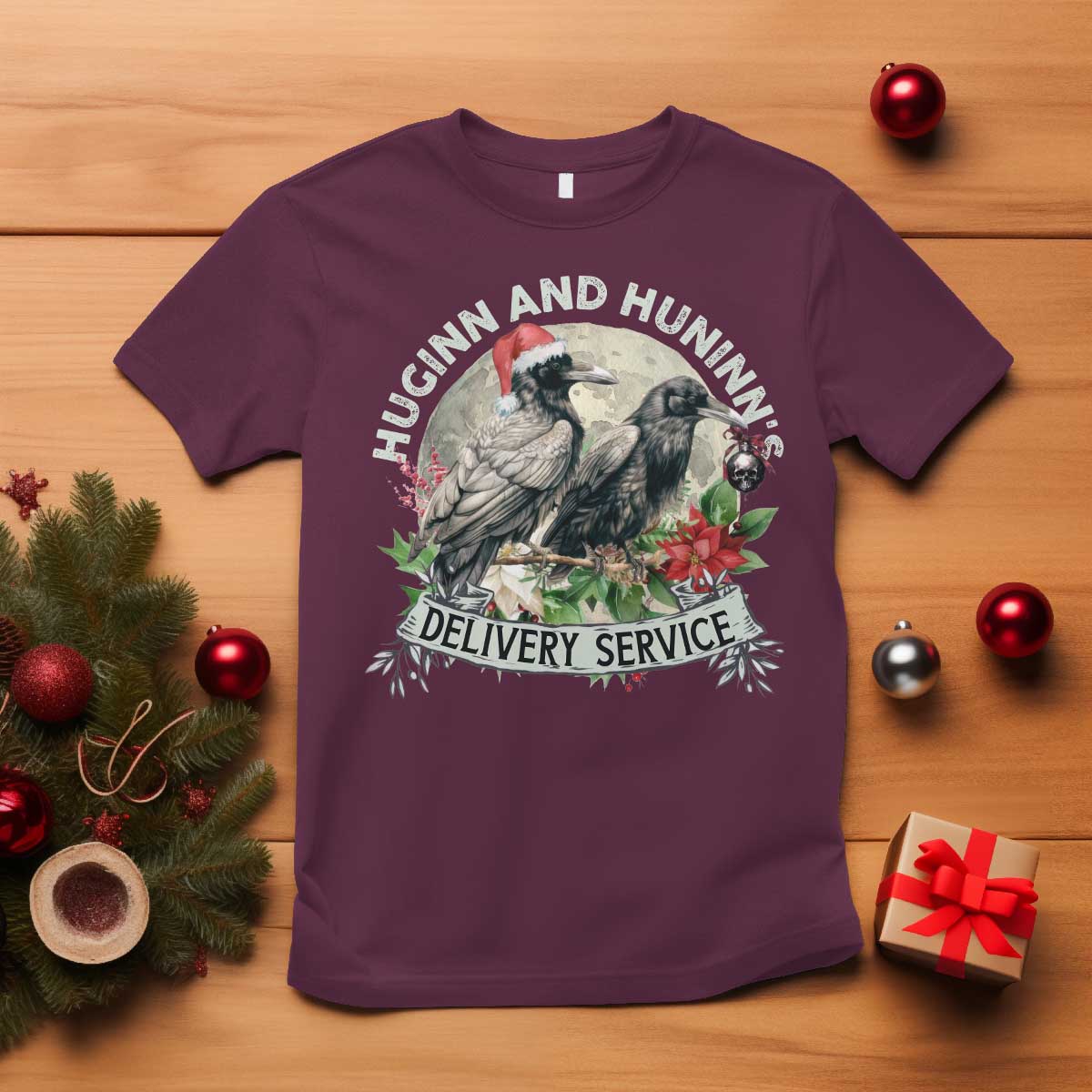 Christmas Viking T Shirt Huginn And Hunninn's Delivery Service Raven - Wonder Print Shop