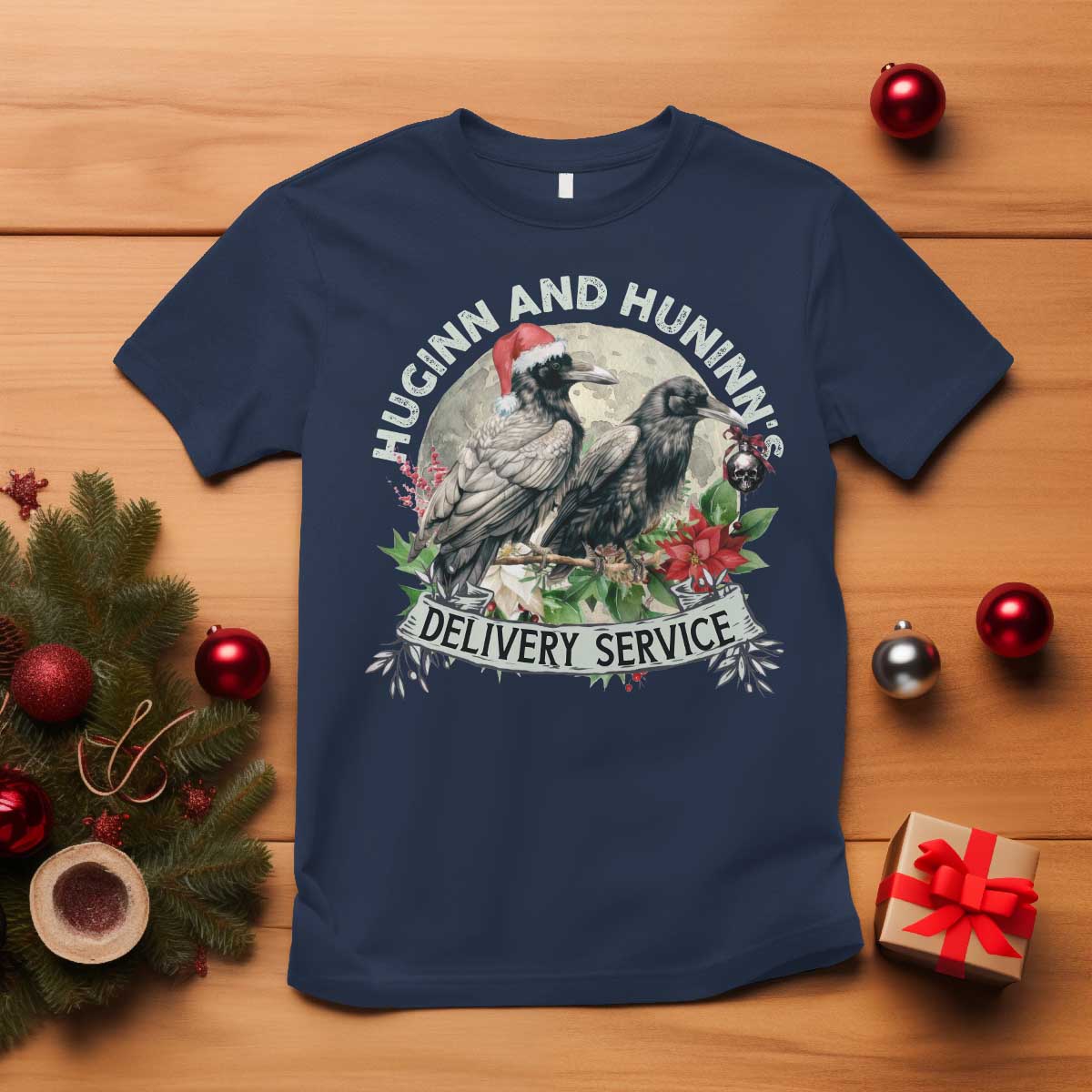Christmas Viking T Shirt Huginn And Hunninn's Delivery Service Raven - Wonder Print Shop