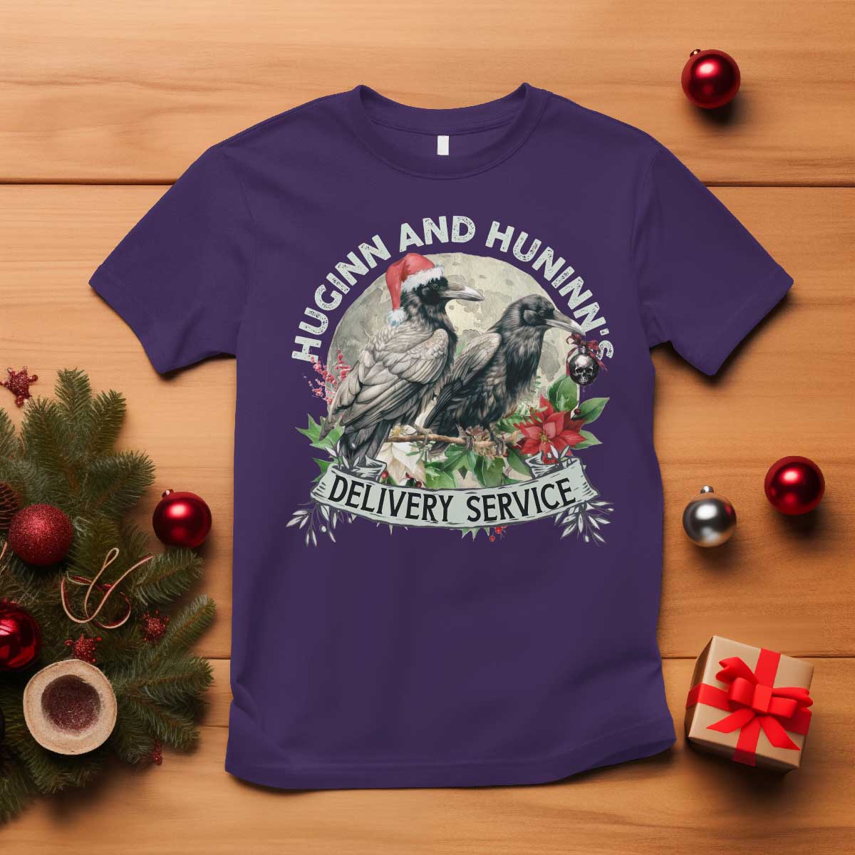 Christmas Viking T Shirt Huginn And Hunninn's Delivery Service Raven - Wonder Print Shop