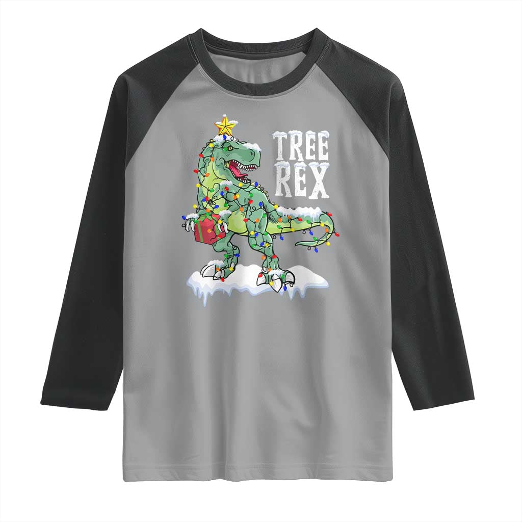 Funny Christmas T-Rex Raglan Shirt Tree Rex Dinosaur Xmas Tree - Wonder Print Shop