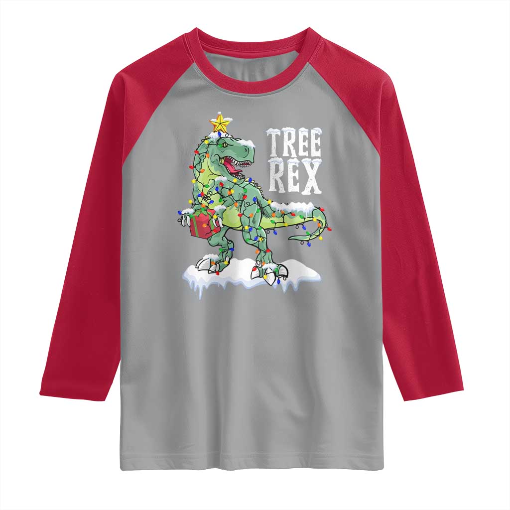 Funny Christmas T-Rex Raglan Shirt Tree Rex Dinosaur Xmas Tree - Wonder Print Shop