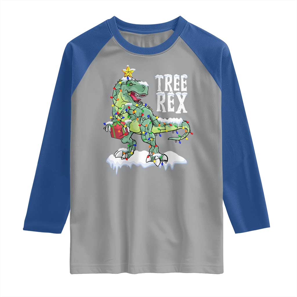 Funny Christmas T-Rex Raglan Shirt Tree Rex Dinosaur Xmas Tree - Wonder Print Shop