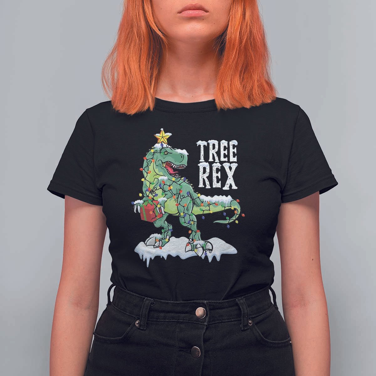 Funny Christmas T-Rex T Shirt For Women Tree Rex Dinosaur Xmas Tree - Wonder Print Shop