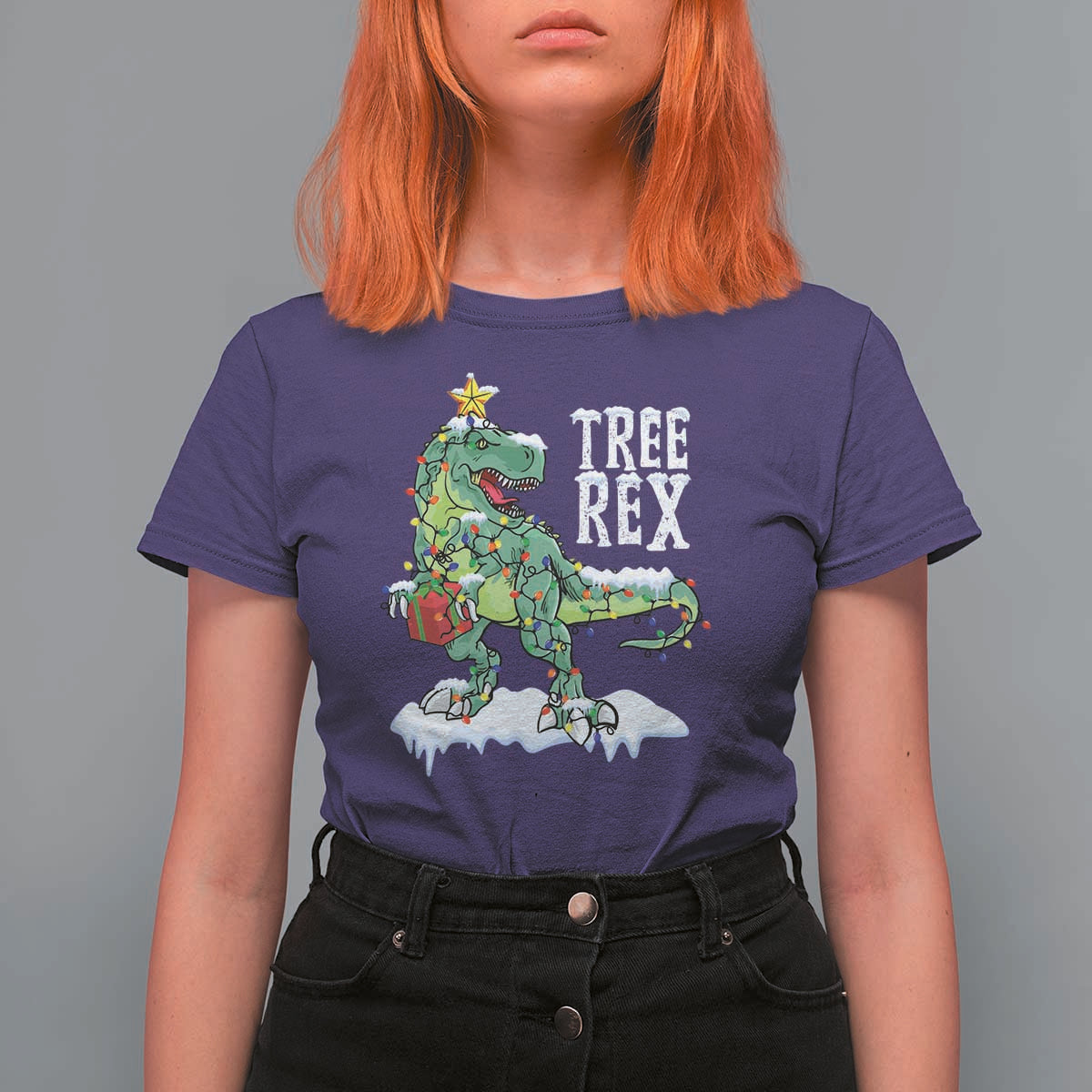 Funny Christmas T-Rex T Shirt For Women Tree Rex Dinosaur Xmas Tree - Wonder Print Shop