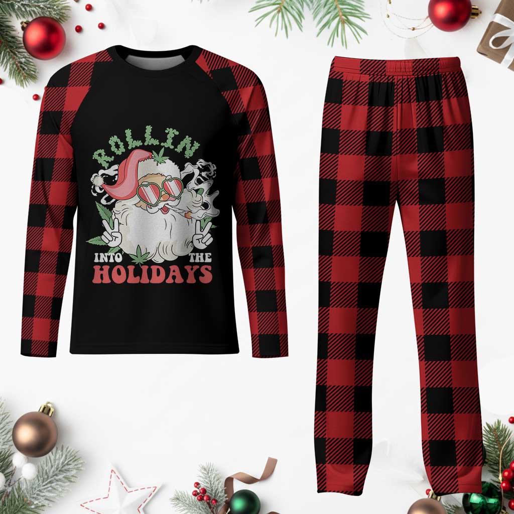 Funny Weed Christmas Plaid Pajama Set Rollin Into The Holidays Santa Xmas - Wonder Print Shop