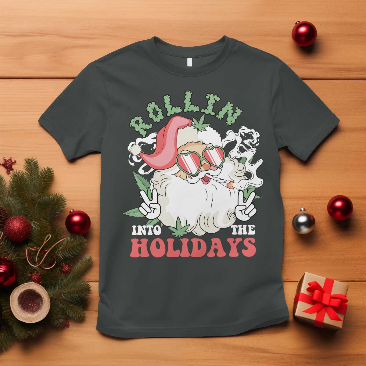 Funny Weed Christmas T Shirt Rollin Into The Holidays Santa Xmas - Wonder Print Shop