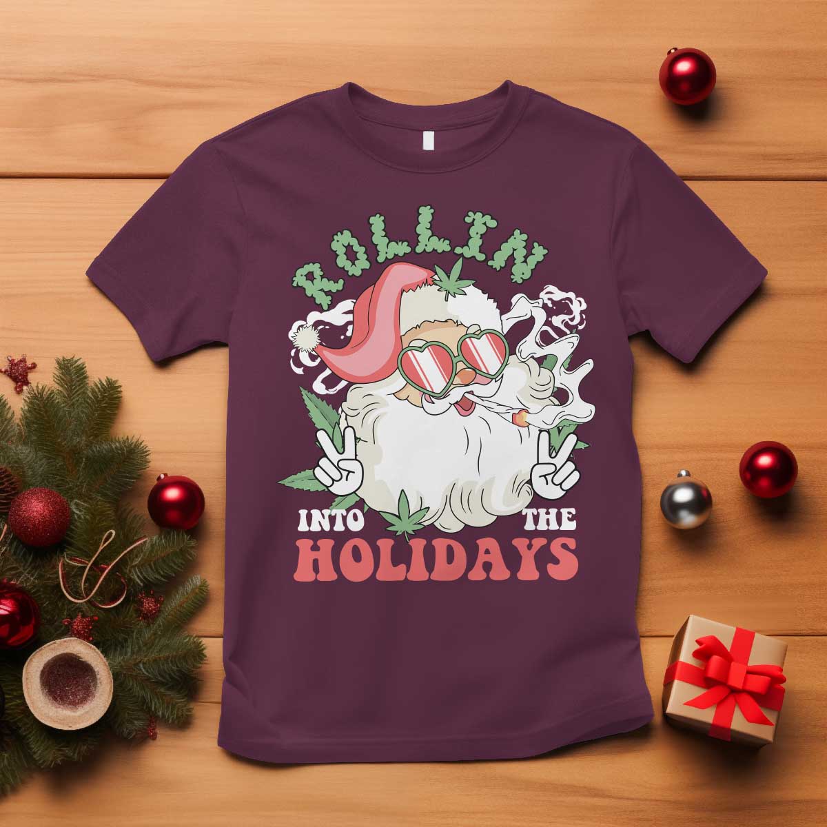 Funny Weed Christmas T Shirt Rollin Into The Holidays Santa Xmas - Wonder Print Shop