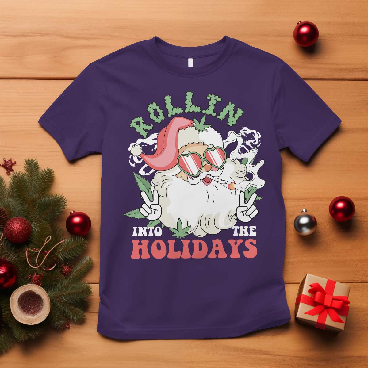 Funny Weed Christmas T Shirt Rollin Into The Holidays Santa Xmas - Wonder Print Shop
