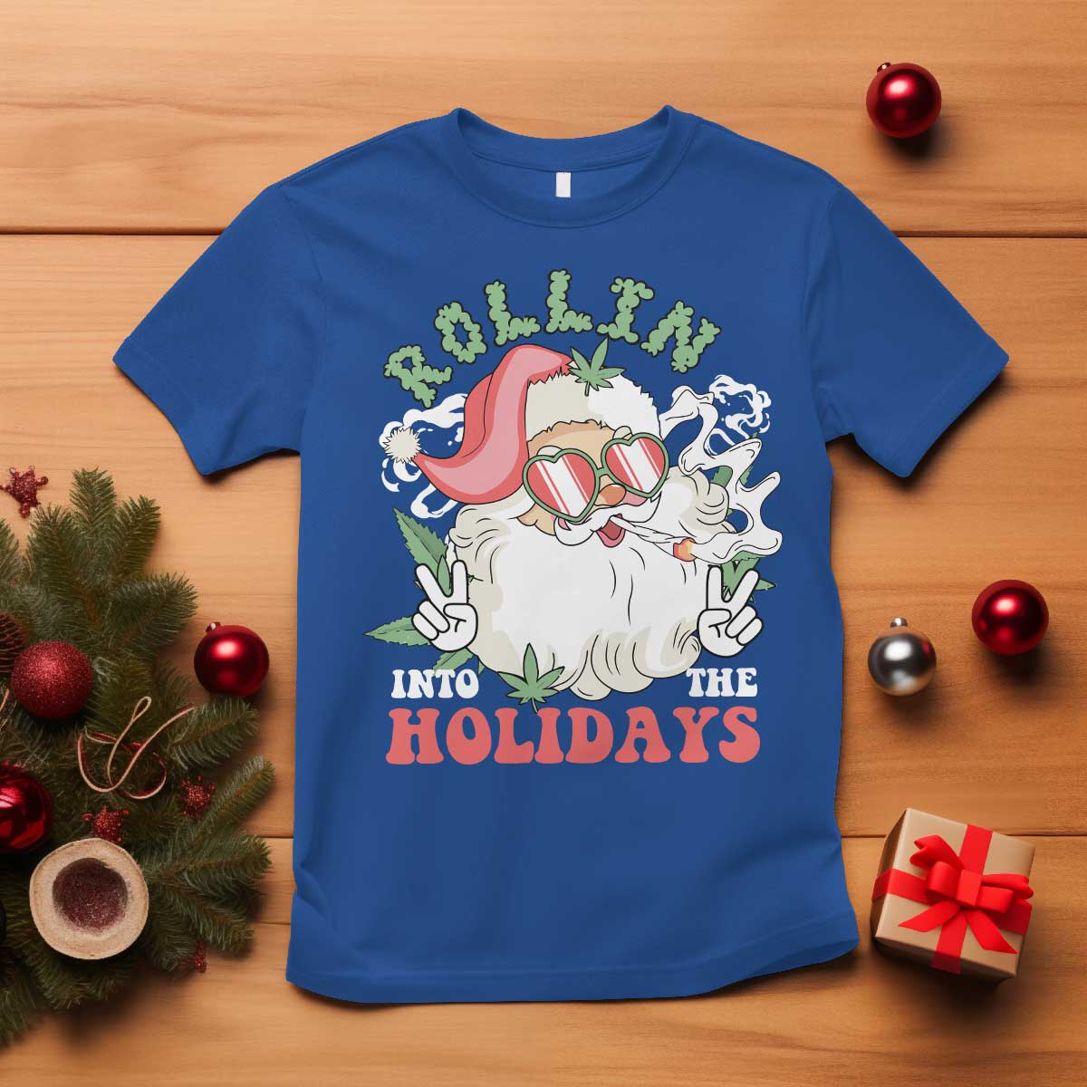 Funny Weed Christmas T Shirt Rollin Into The Holidays Santa Xmas - Wonder Print Shop