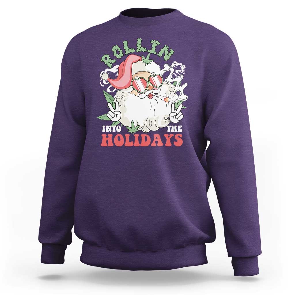 Funny Weed Christmas Sweatshirt Rollin Into The Holidays Santa Xmas - Wonder Print Shop
