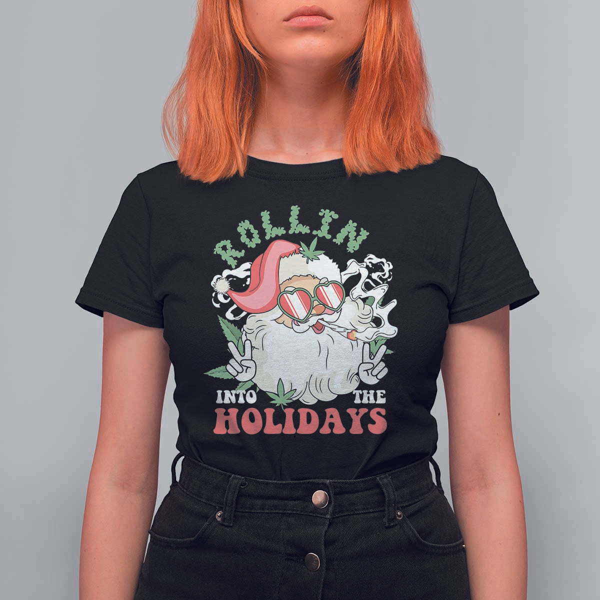 Funny Weed Christmas T Shirt For Women Rollin Into The Holidays Santa Xmas - Wonder Print Shop