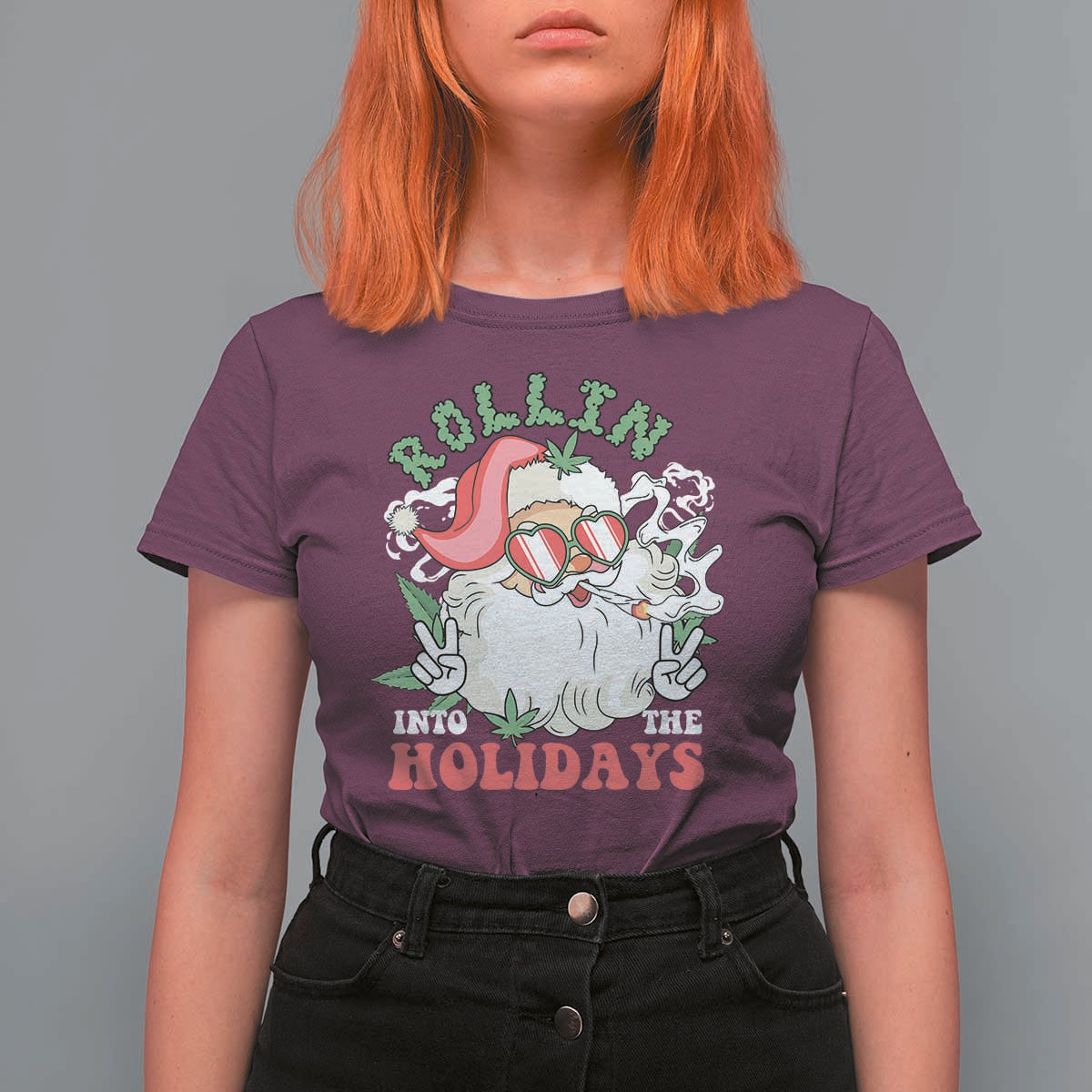 Funny Weed Christmas T Shirt For Women Rollin Into The Holidays Santa Xmas - Wonder Print Shop