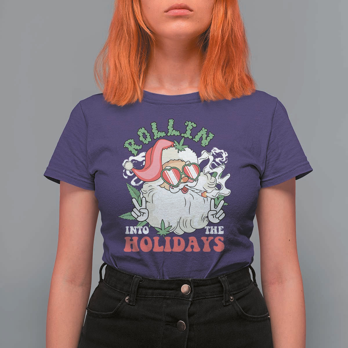 Funny Weed Christmas T Shirt For Women Rollin Into The Holidays Santa Xmas - Wonder Print Shop
