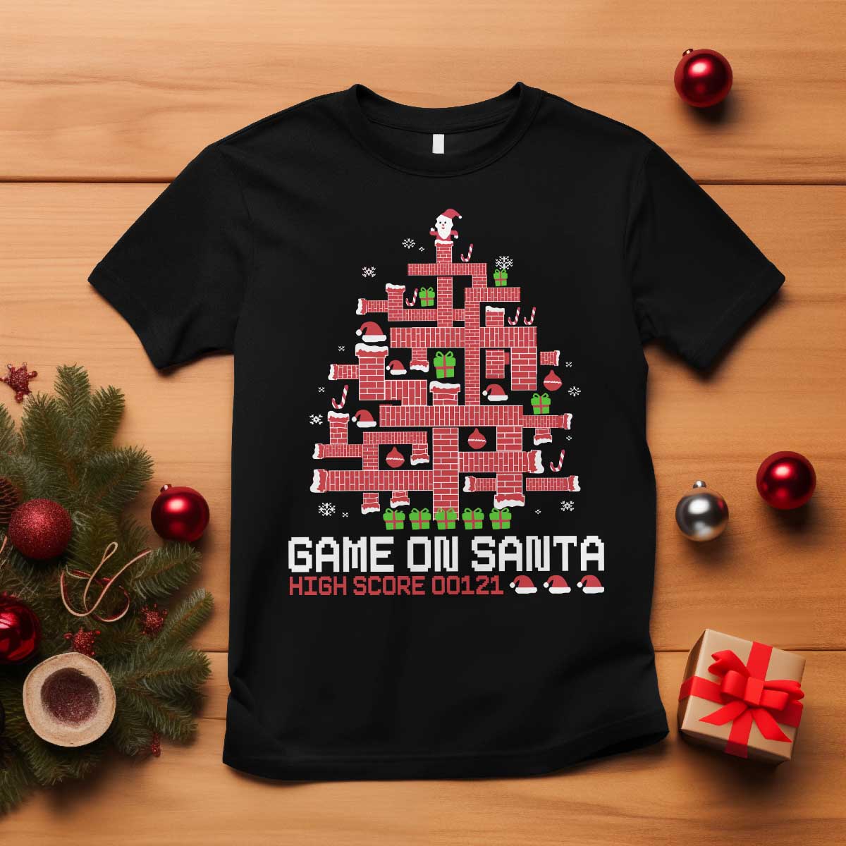 Funny Christmas Santa Gamers T Shirt Game On Santa Chimney Xmas Tree - Wonder Print Shop