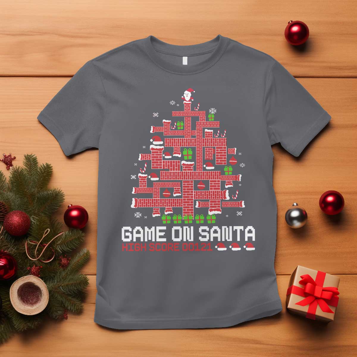 Funny Christmas Santa Gamers T Shirt Game On Santa Chimney Xmas Tree - Wonder Print Shop