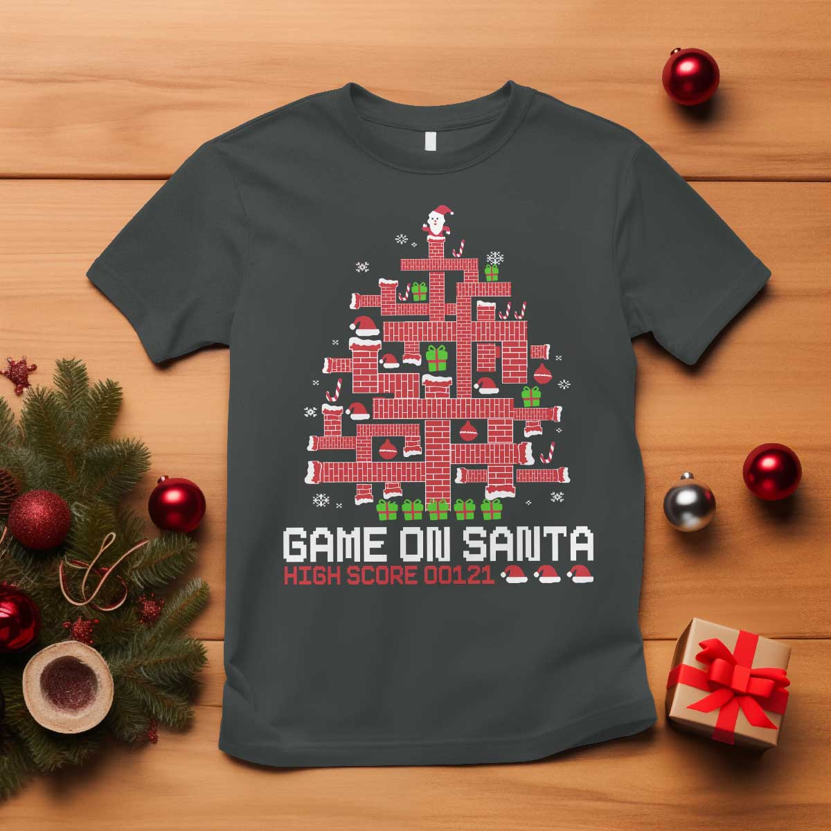Funny Christmas Santa Gamers T Shirt Game On Santa Chimney Xmas Tree - Wonder Print Shop