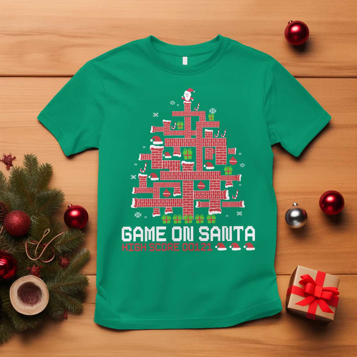 Funny Christmas Santa Gamers T Shirt Game On Santa Chimney Xmas Tree - Wonder Print Shop