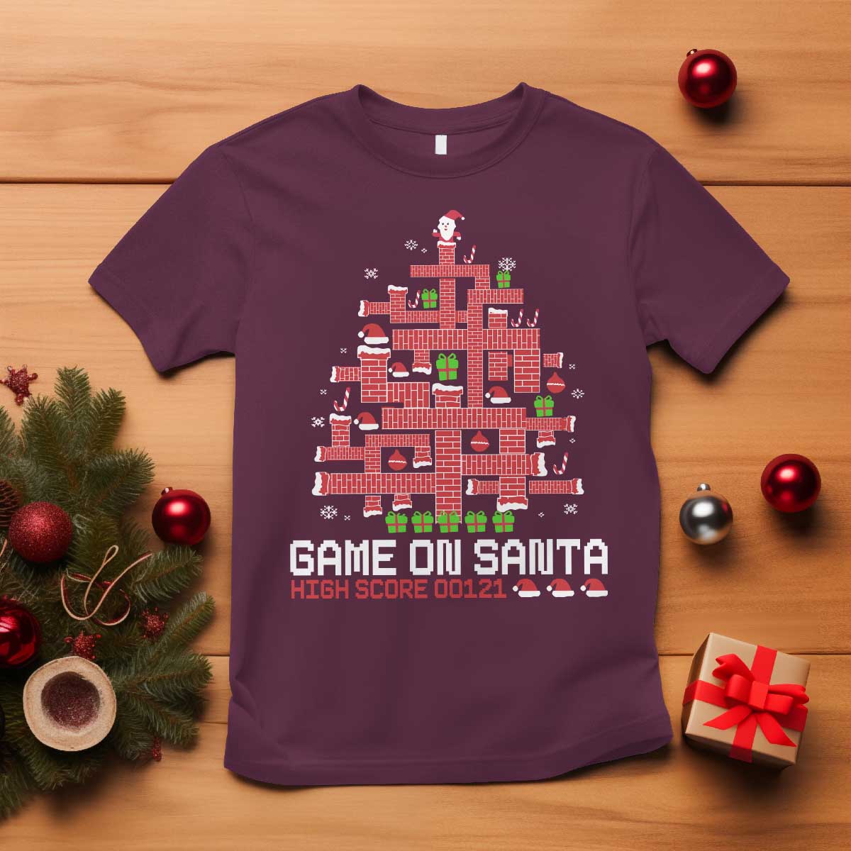 Funny Christmas Santa Gamers T Shirt Game On Santa Chimney Xmas Tree - Wonder Print Shop