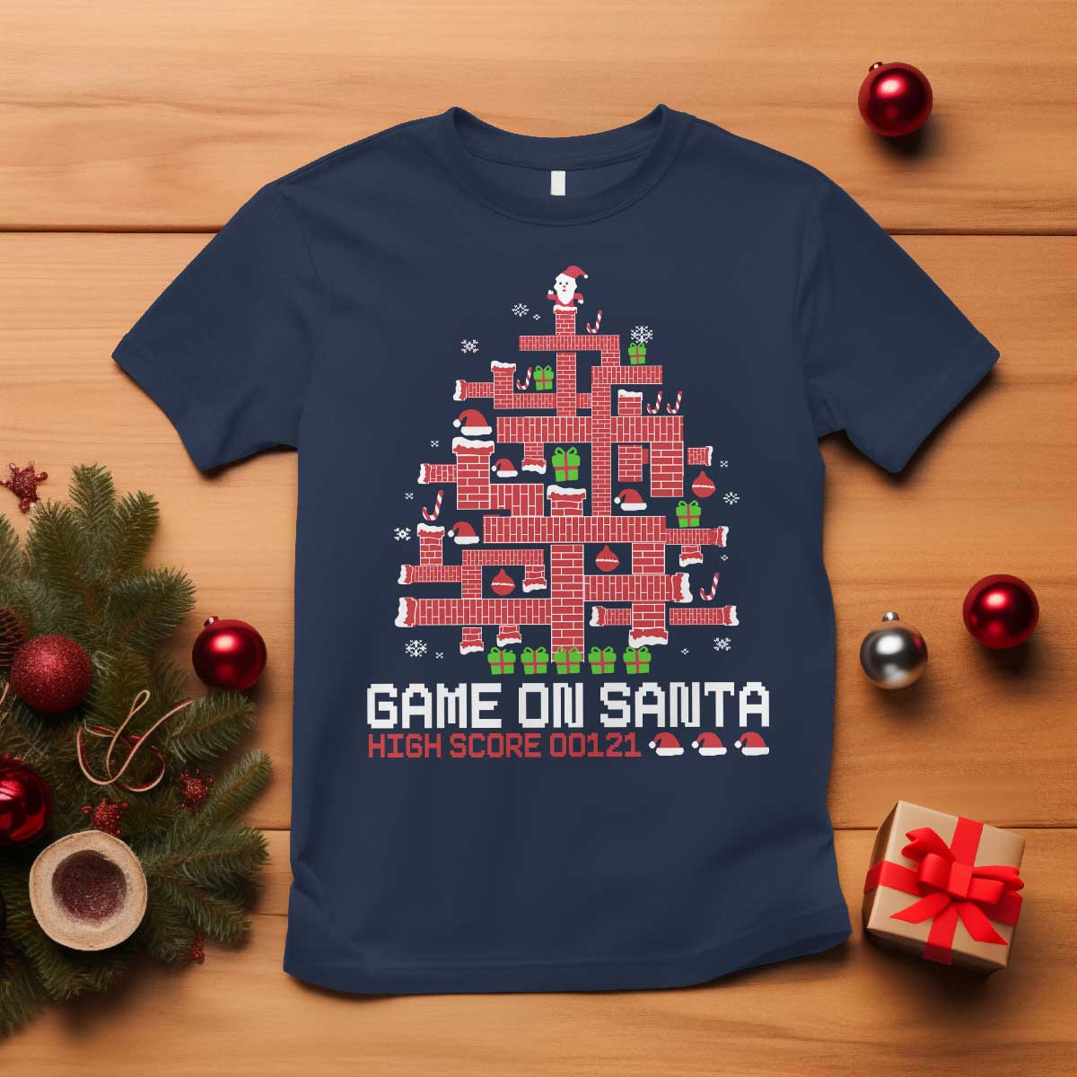 Funny Christmas Santa Gamers T Shirt Game On Santa Chimney Xmas Tree - Wonder Print Shop