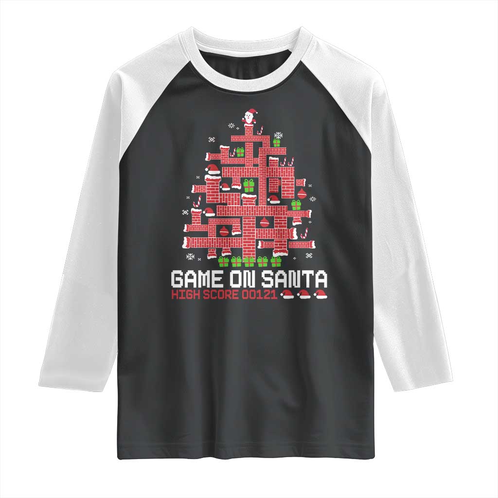 Funny Christmas Santa Gamers Raglan Shirt Game On Santa Chimney Xmas Tree - Wonder Print Shop