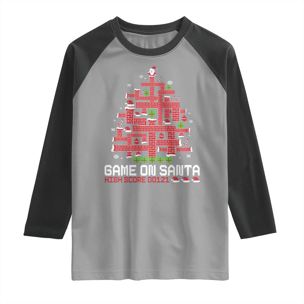 Funny Christmas Santa Gamers Raglan Shirt Game On Santa Chimney Xmas Tree - Wonder Print Shop