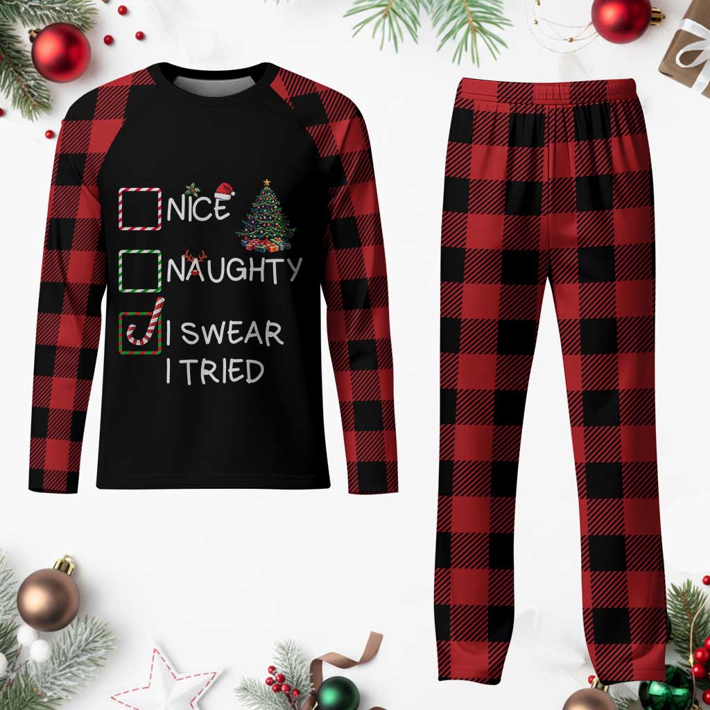 Funny Nice Naughty I Swear I Tried Plaid Pajama Set Xmas Tree Candy Cane - Wonder Print Shop
