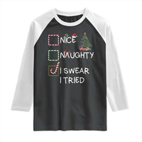 Funny Nice Naughty I Swear I Tried Raglan Shirt Christmas Tree Candy Cane - Wonder Print Shop