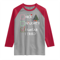 Funny Nice Naughty I Swear I Tried Raglan Shirt Christmas Tree Candy Cane - Wonder Print Shop