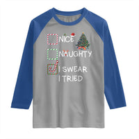 Funny Nice Naughty I Swear I Tried Raglan Shirt Christmas Tree Candy Cane - Wonder Print Shop