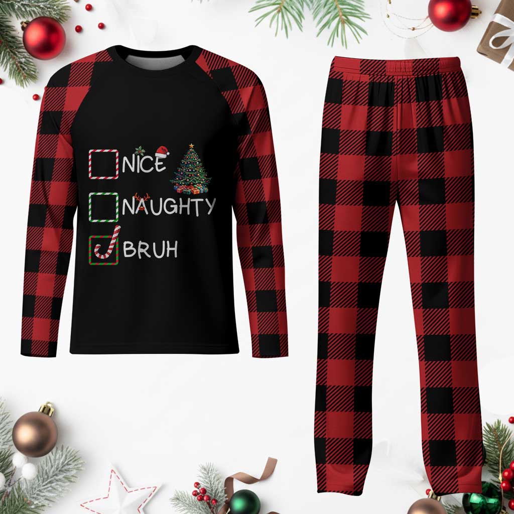 Funny Nice Naughty Bruh Plaid Pajama Set Xmas Tree Candy Cane - Wonder Print Shop